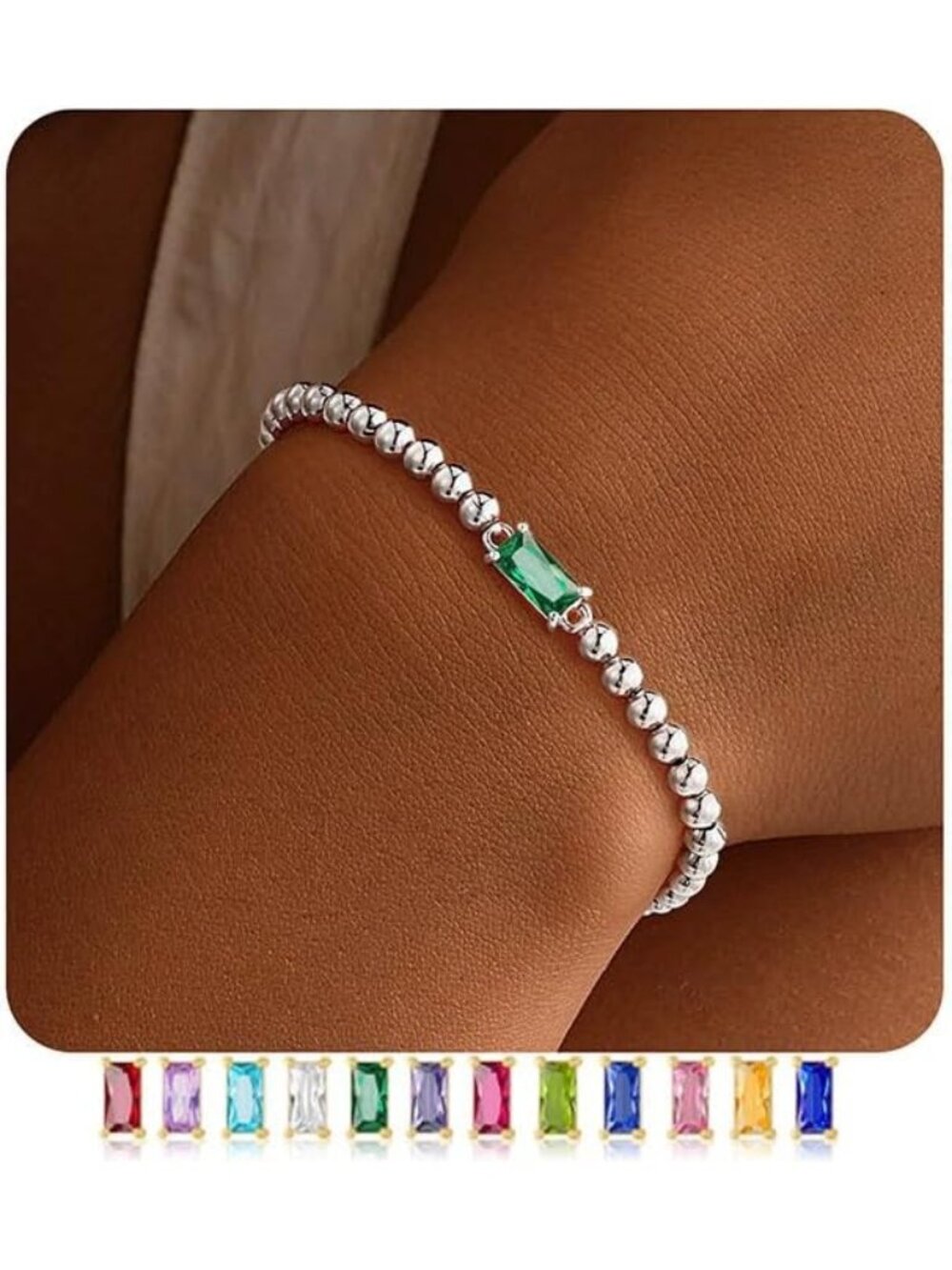 Women's Green Silver Plated Birthstone Beaded Bracelet Dainty Jewelry Gift